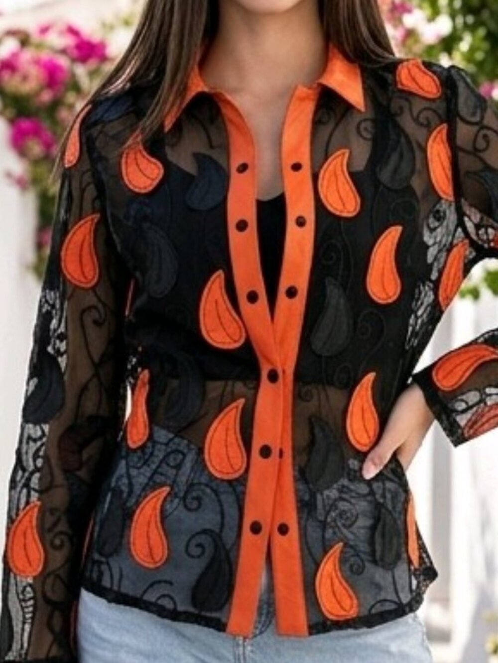 Jacket Women Sheer Blouse Top Shirt Outfit Handmade Light Leather Leaf Pattern
